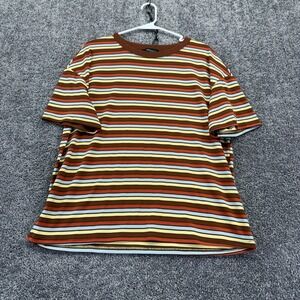 MEROKEETY T Shirt Womens Large Brown Striped Short Sleeve Crew Neck Tee